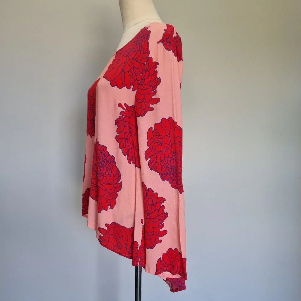 Mister Zimi Lotus Billie Red & Pink Floral Print Long Sleeve Blouse Size 10 - Picture 3 of 8